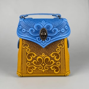Blue-yellow genuine leather backpack, women&#39;s backpack, embossed leather backpack, blue yellow purse, small packpack, gift from Ukraine