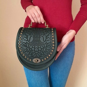 Embossed Green Leather Shoulder Bag with Metal Handle