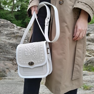 White genuine leather bag, crossbody bag, shoulder bag, embossed leather purse, white purse, gift from Ukraine