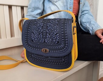 Blue large genuine leather bag, crossbody bag, shoulder bag, embossed leather large purse, blue yellow purse, gift from Ukraine