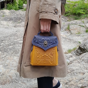 Blue-yellow genuine leather backpack, embossed leather backpack, women&#39;s backpack, blue yellow purse, small packpack, gift from Ukraine