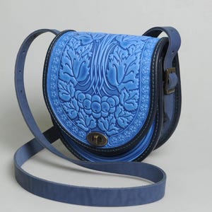 Blue genuine leather bag, half round bag, blue leather purse, shoulder bag, crossbody bag, embossed leather purse, gift from Ukraine
