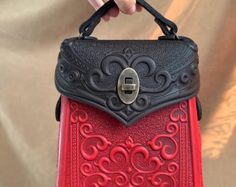 Black-red genuine leather backpack, small boho packpack, women&#39;s backpack, embossed leather backpack, black-red purse, gift from Ukraine