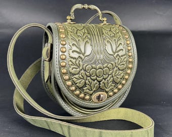 Handmade Embossed Olive Green Leather Bag with Metal Handle