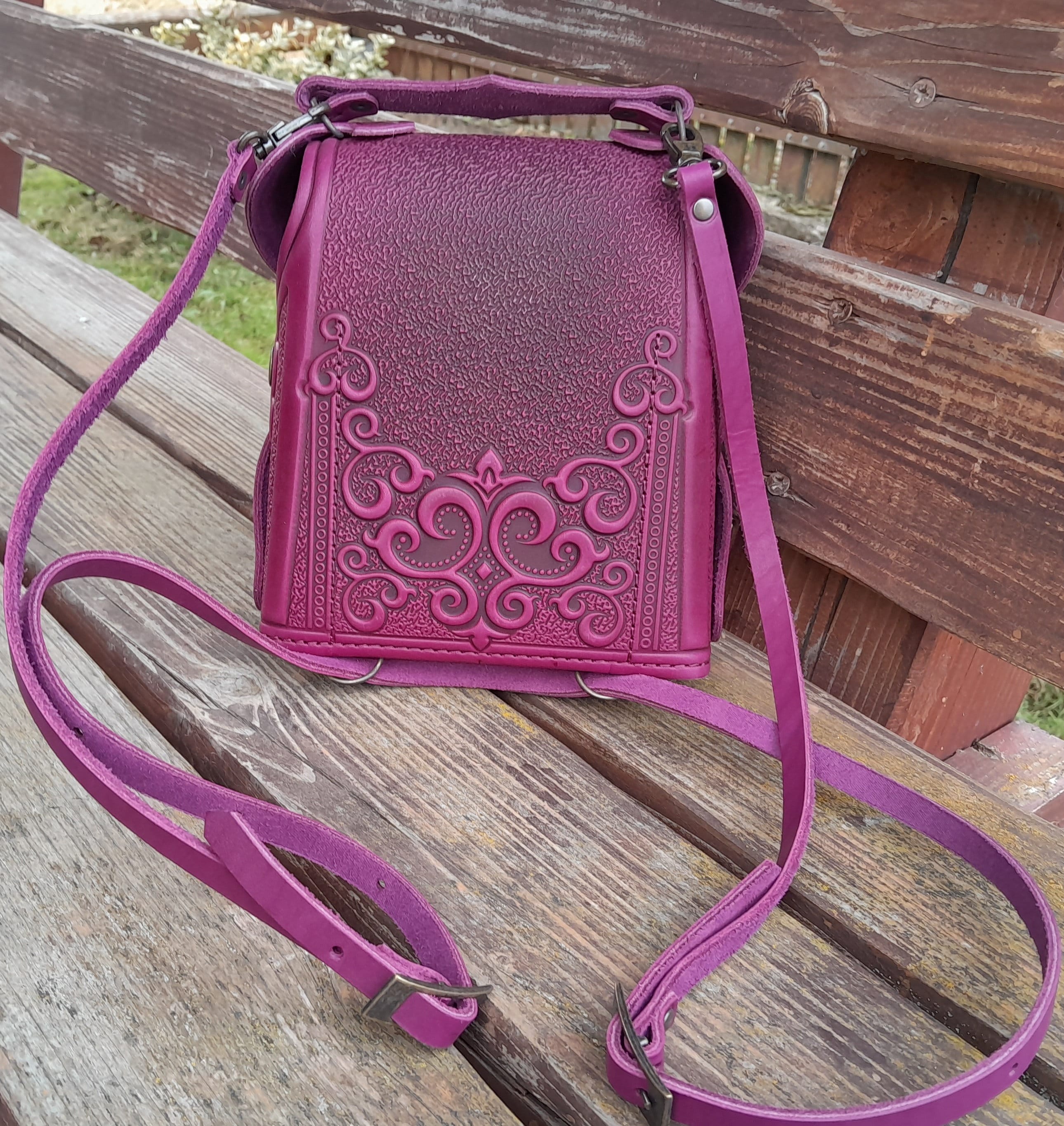 Embossed Pink Leather Backpack, Handmade Small Boho Purse - Etsy display picture 3