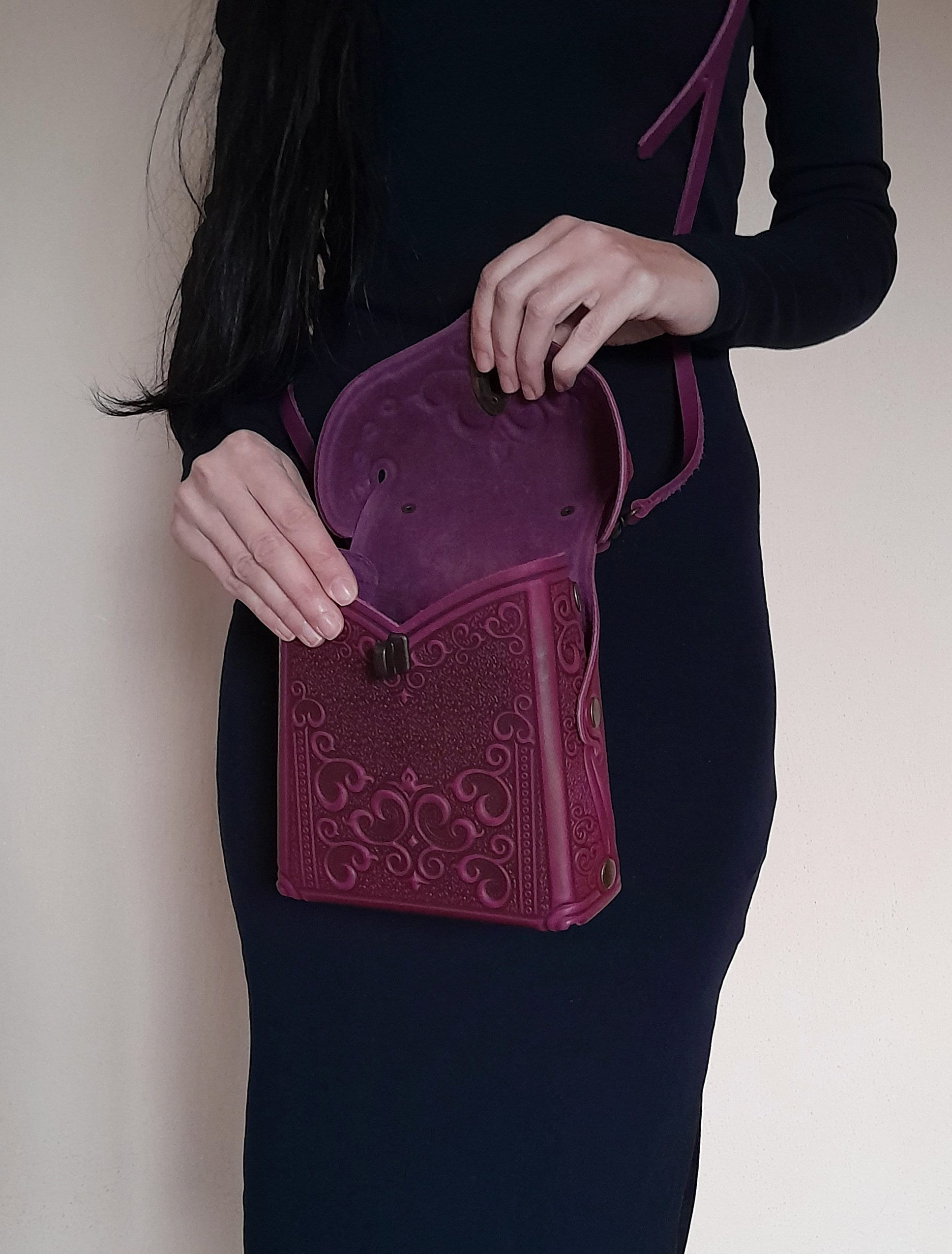 Elegant Pink Western Embossed Leather Handmade Backpack Embossed Pink Leather Backpack, Handmade Small Boho Purse - Etsy main image 2