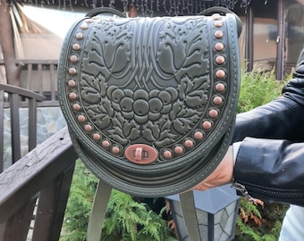 Embossed Leather Shoulder Bag, Olive Green Purse with Metal