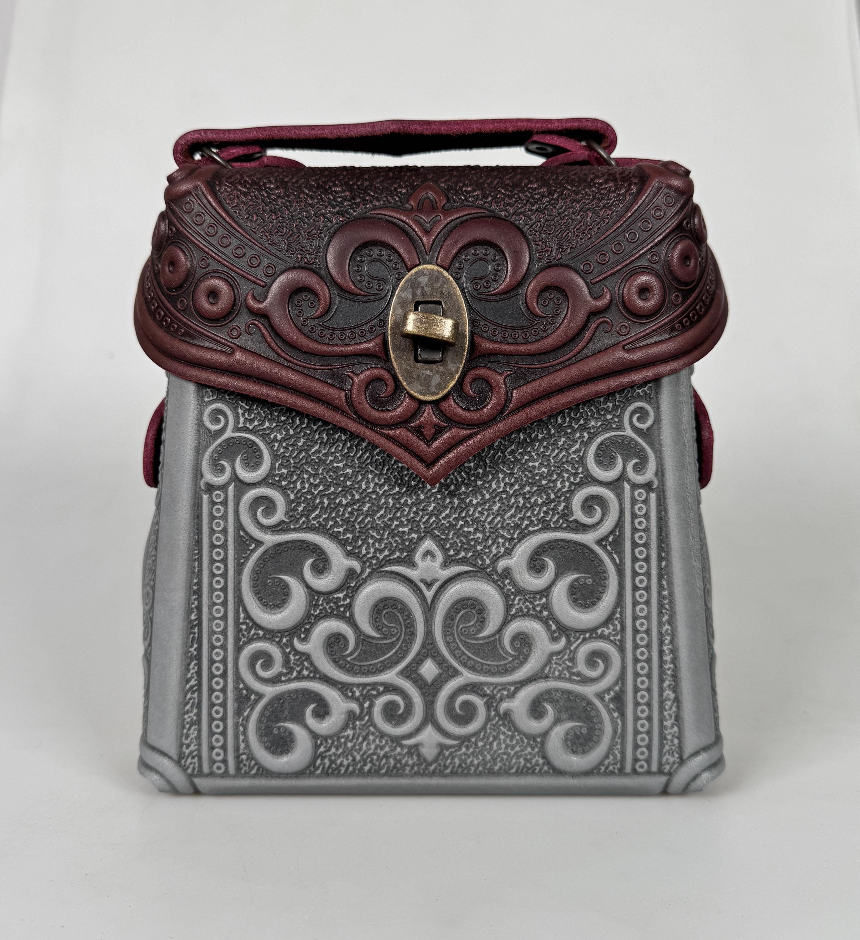 Embossed Leather Mini Backpack, Burgundy & Gray, Handmade - Etsy display picture 1