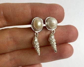 Dreamy Shell and Pearl Earrings, Silver Shell Earrings, Mermaid Pearl and Shell Earrings