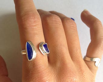 Blue Sea Glass Ring, Adjustable Ring, Cobalt Blue Beach Ring, Double Blue Stone Silver Ring - Sea Glass Collection