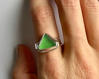 Lime Green Triangle Sea Glass Ring made in Sterling Silver - Sea Glass Collection