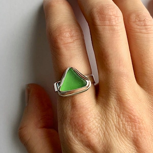 Lime Green Triangle Sea Glass Ring made in Sterling Silver - Sea Glass Collection