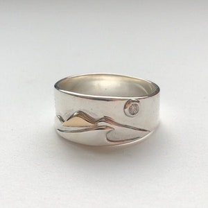 Full Moon Mountains and Surf Ring, Silver and Gold Surf and Mountain Ring, Diamond Full Moon Band image 1