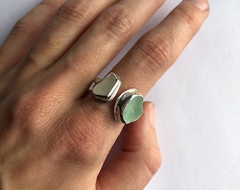 Green and White Sea Glass Ring, Sea Glass Lover Ring, Mermaid Seaglass Ring, Sea Glass Silver Ring ~ Seaglass Collection