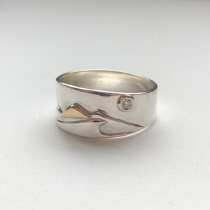 Full Moon Mountains and Surf Ring, Silver and Gold Surf and Mountain Ring, Diamond Full Moon Band image 2