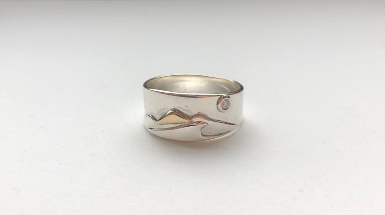 Full Moon Mountains and Surf Ring, Silver and Gold Surf and Mountain Ring, Diamond Full Moon Band image 3