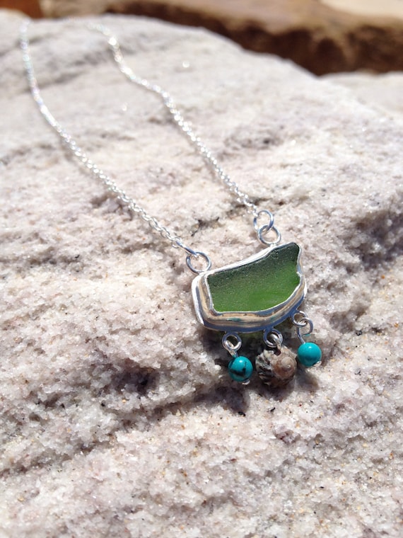 Sea Glass Necklace Green Sea Glass Jewelry Boho Beach Jewelry