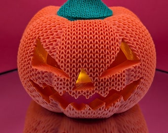 3D Printed Crochet Pumpkin Jack-O-Lantern with Flickering LED Tea Light – Handmade Knit Texture | Jack-O-Lantern Halloween Decoration