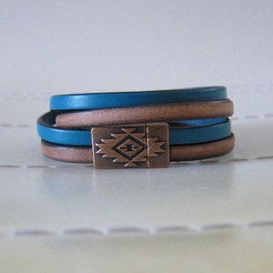 Turquoise// Tan Leather Bracelet with Copper Southwest Clasp