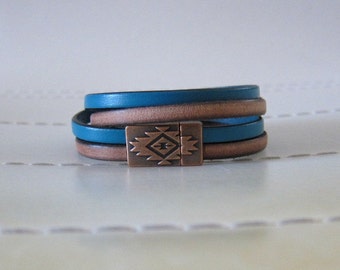 Turquoise// Tan Leather Bracelet with Copper Southwest Clasp