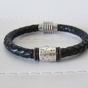 Mens Braided Black Leather Bracelet / Stainless Steel Magnetic Clasp / Silver Bead