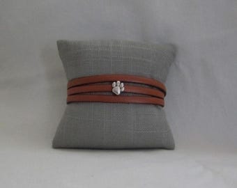 Light Brown Leather Triple Wrap Bracelet with Dog Paw Slide