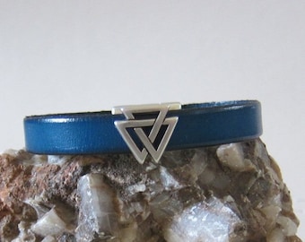 May include: A blue leather bracelet with a silver triangle clasp.