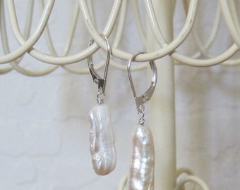Freshwater White Biwa Pearl Leverback Earrings