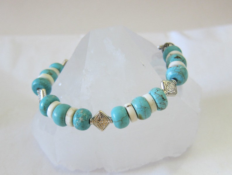 Turquoise and White Jasper and Silver Bead Bracelet image 1