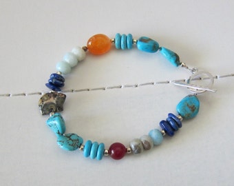 Turquoise and Gemstone Bracelet // Silver Toggle