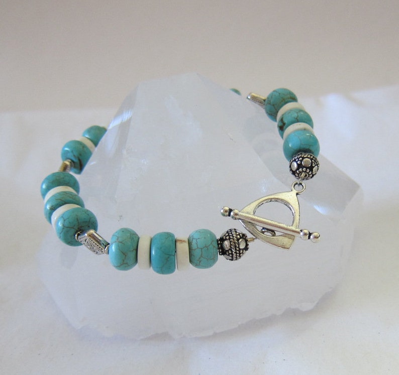 Turquoise and White Jasper and Silver Bead Bracelet image 3