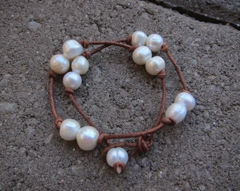 Brown Leather Double Wrap Bracelet with Freshwater Pearls