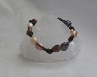 Knotted Leather Bracelet with Freshwater Pearls