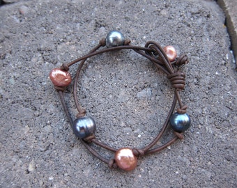 Brown Leather Wrap Bracelet with Freshwater Pearls