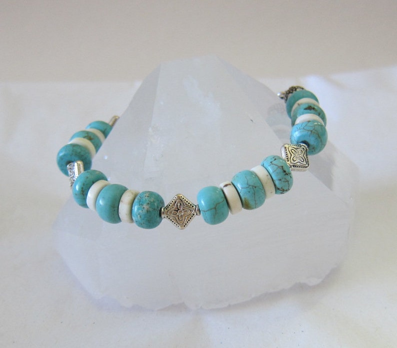 Turquoise and White Jasper and Silver Bead Bracelet image 2