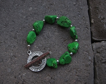 Chunky Green Turquoise and Silver Bead Bracelet