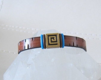 Etched Brown Flat Leather (10MM) // Geometric Slide // Brass Magnetic Clasp