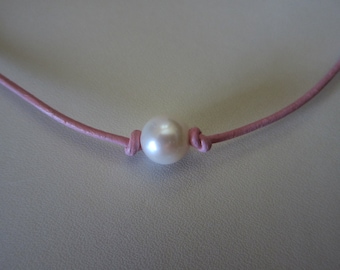 Pearl and Pink Leather Choker Necklace