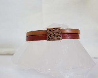 Burnt Orange & Tan Flat Leather Double Strand Bracelet // Copper Slide
