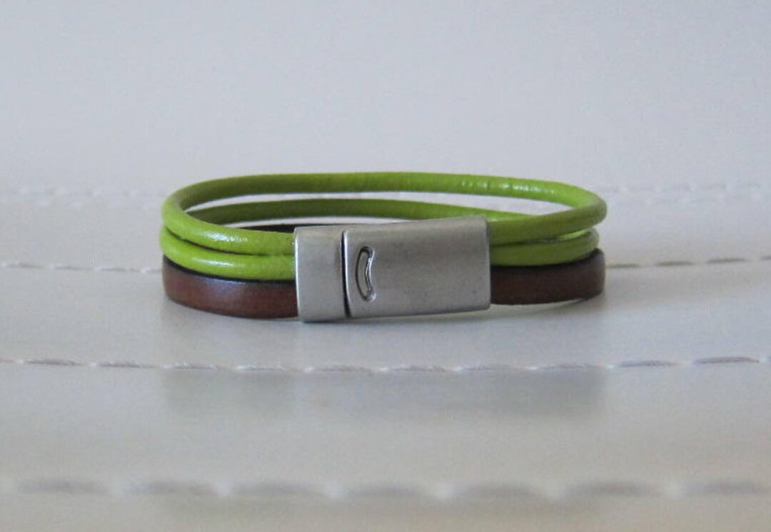 Brown and Green Leather Wrap Bracelet With Silver Clasp Etsy UK