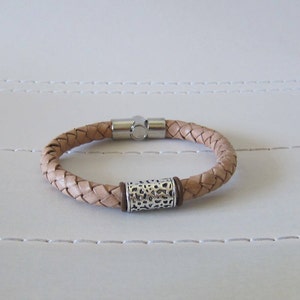 Mens Braided Natural Tan Leather Bracelet / Stainless Steel Magnetic Clasp / Silver Bead