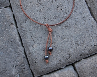 Double Black Pearl and Leather Necklace