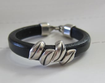 Silver Leaf Licorice Leather Bracelet