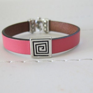 Pink Flat Leather//Silver Square Slide Bracelet