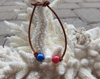 Red White and Blue Pearl Leather Bracelet