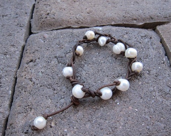 Brown Leather Double Wrap Bracelet with Freshwater Pearls