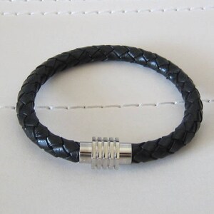 Mens Braided Black Leather Bracelet / Stainless Steel Magnetic Clasp