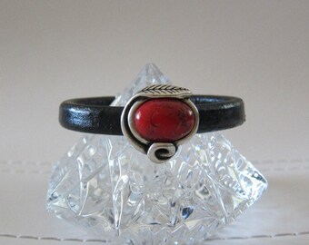 Red Stone  //Black Licorice Leather Bracelet