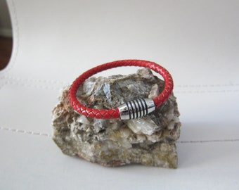 Mens Braided Red Leather Bracelet / Stainless Steel Magnetic Clasp