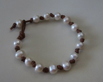 Brown Knotted Leather Wrap Bracelet with Freshwater Pearls